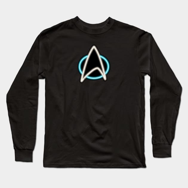 Blue Neon Star Trek Next Generation Communicator Badge Top Left Long Sleeve T-Shirt by gkillerb